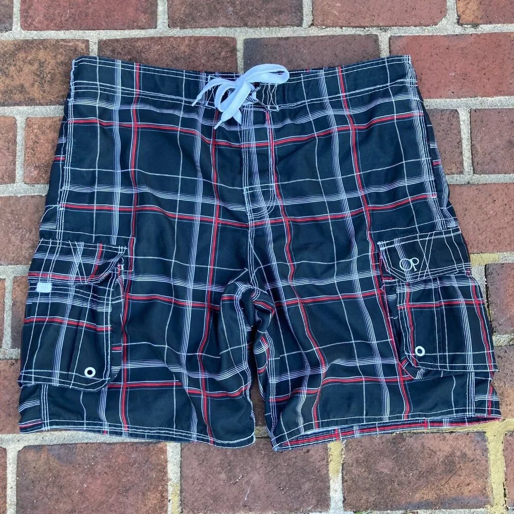 OP Board Shorts Black w/ Red White & Grey Stripes Four Pockets Men's Sz 36/38